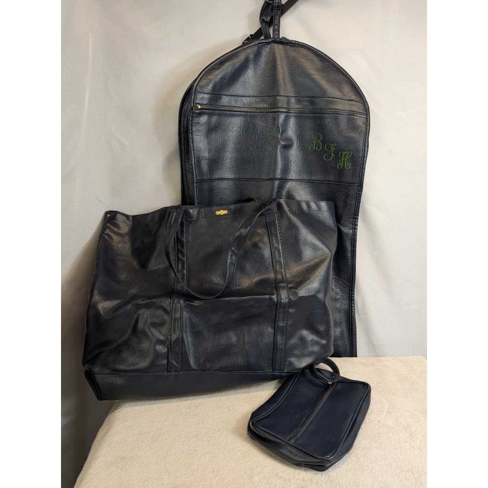Vintage Monogrammed Navy Leather Garment Bag Tote Toiletry Pouch Travel 3 pc Set
